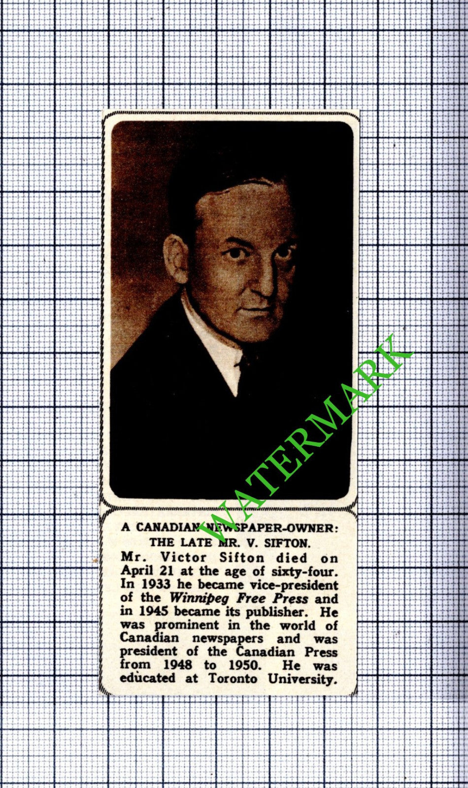 Mr Victor Sifton Winnipeg Free Press Obituary - 1961  Small Cutting