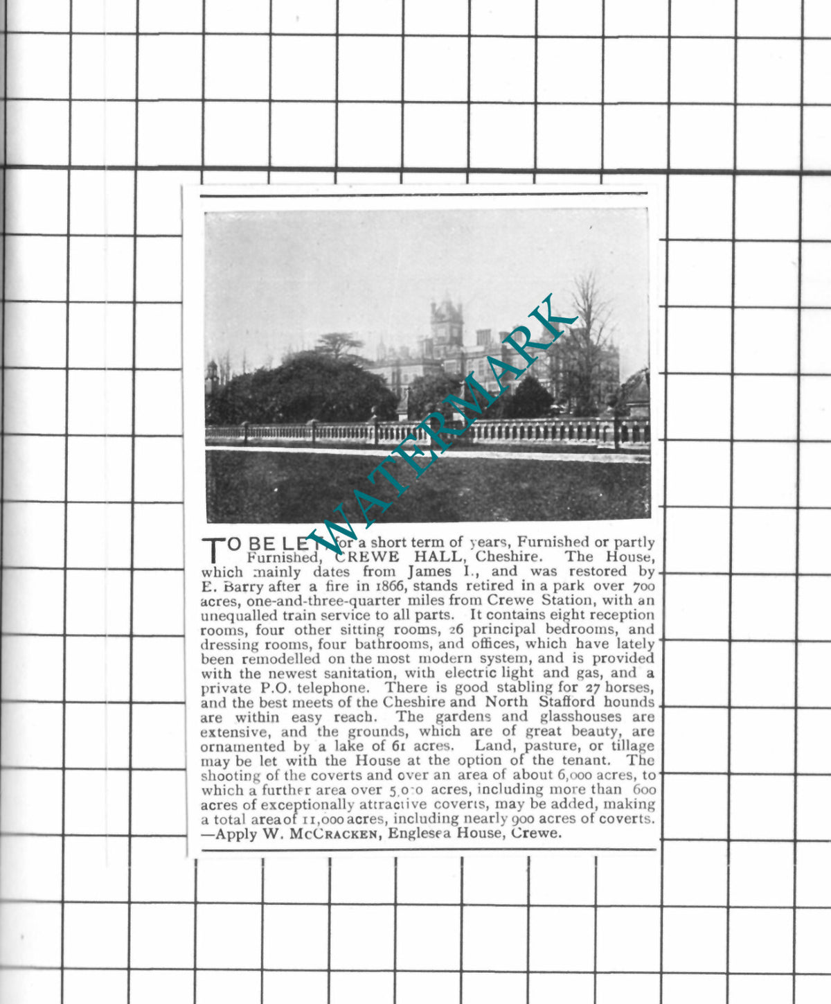 Crewe Hall Cheshire Letting Advert - 1903 SMALL Clipping