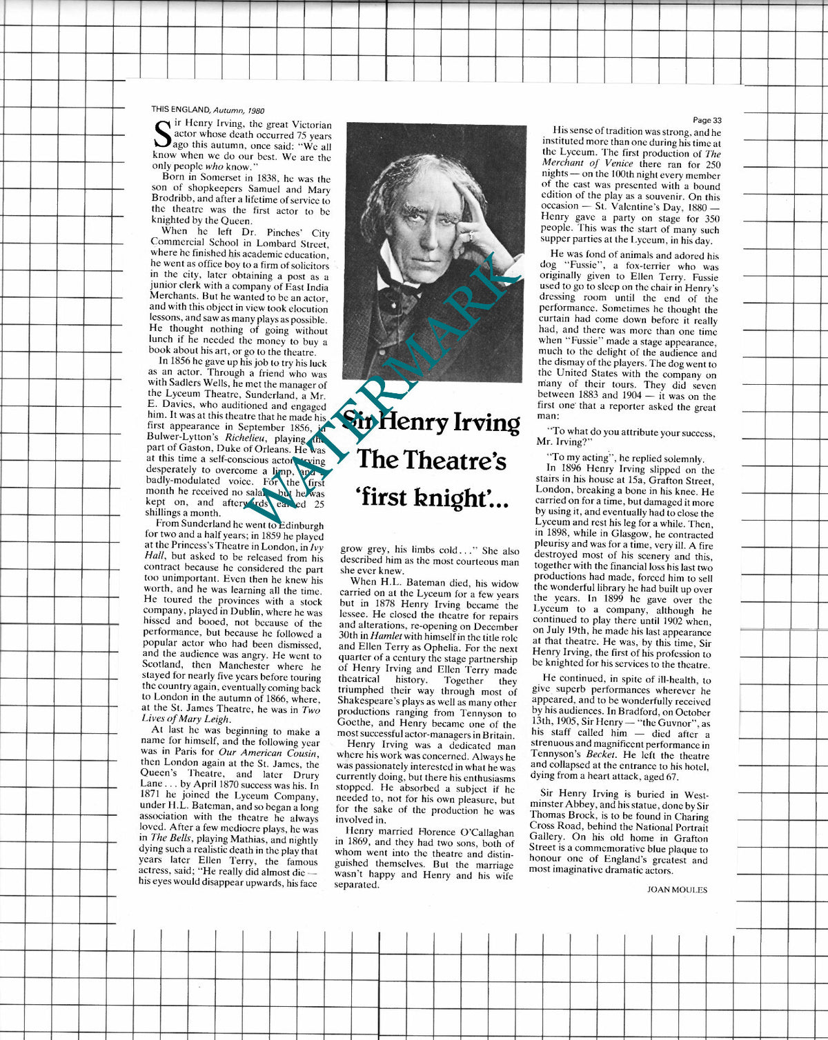 Sir Henry Irving Actor - 1980 Article