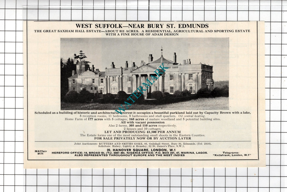 The Great Saxham Hall Estate  Suffolk House Sale Advert - 1967