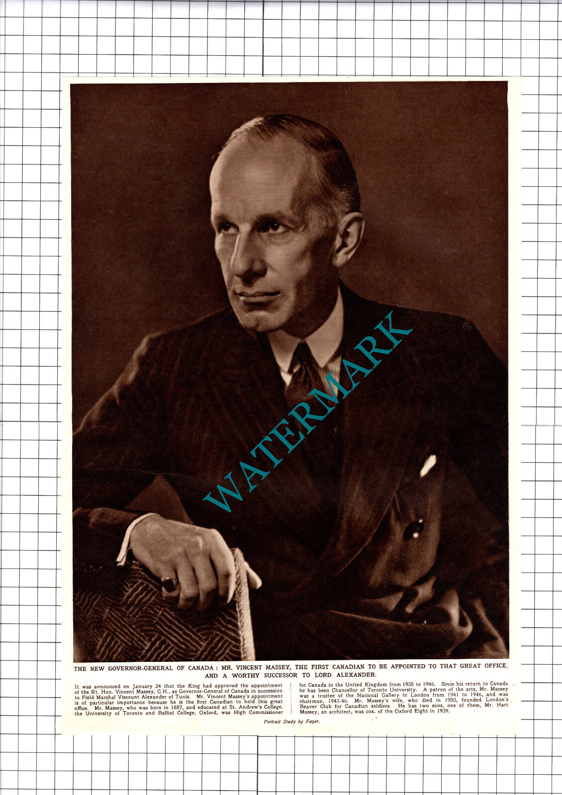 Mr Vincent Massey Governor General Of Canada -  1952 Cutting / Print