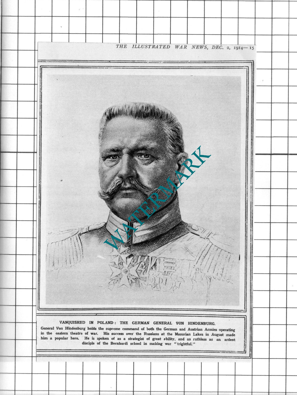 General Von Hindenburg - 1914 Clipping