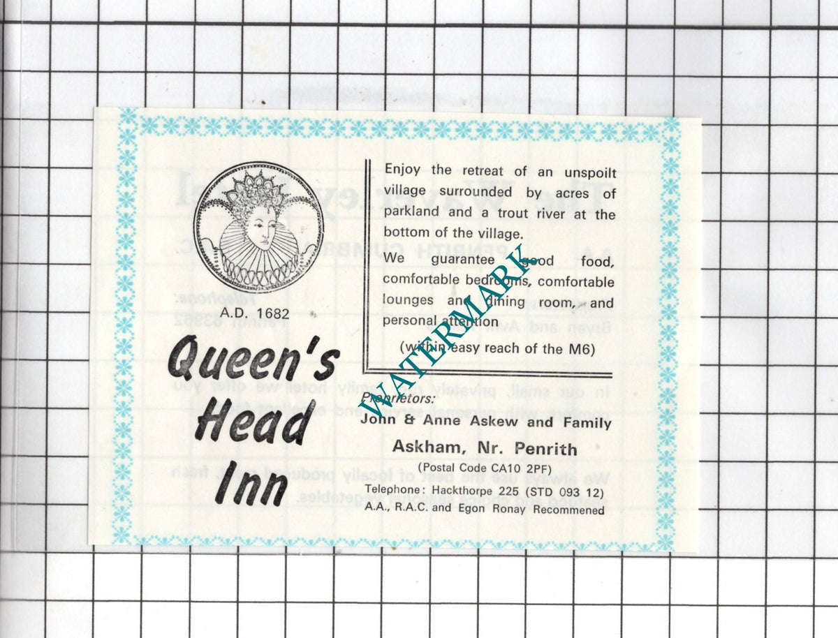 Queen's Head Inn Askham Cumbria Askew / Waverley Hotel  Penrith - c.1975 Advert