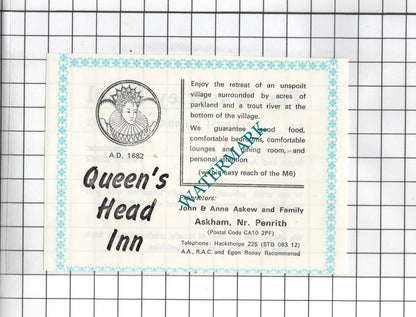 Queen's Head Inn Askham Cumbria Askew / Waverley Hotel  Penrith - c.1975 Advert