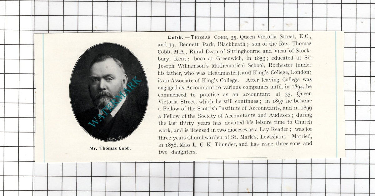 Mr Thomas Cobb Greenwich London  - c.1905 Clipping