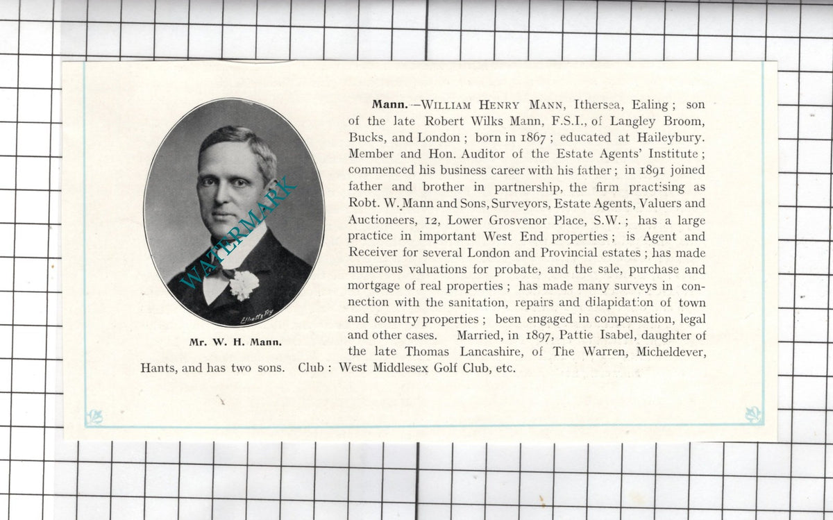 Mr William Henry Mann Ithersea Ealing London - c.1905 Clipping