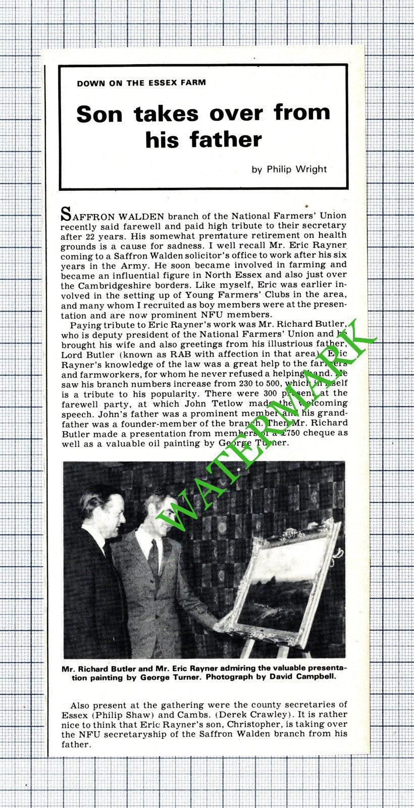 Eric Rayner National Farmers Union Saffron Walden Richard Butler - 1975 Cutting