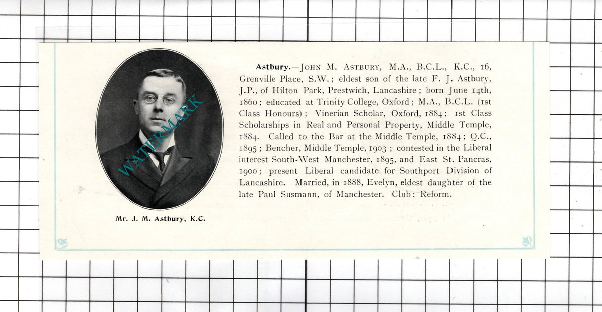 Mr John M Astbury Hilton Park Prestwich Lancashire   - c.1905 Clipping