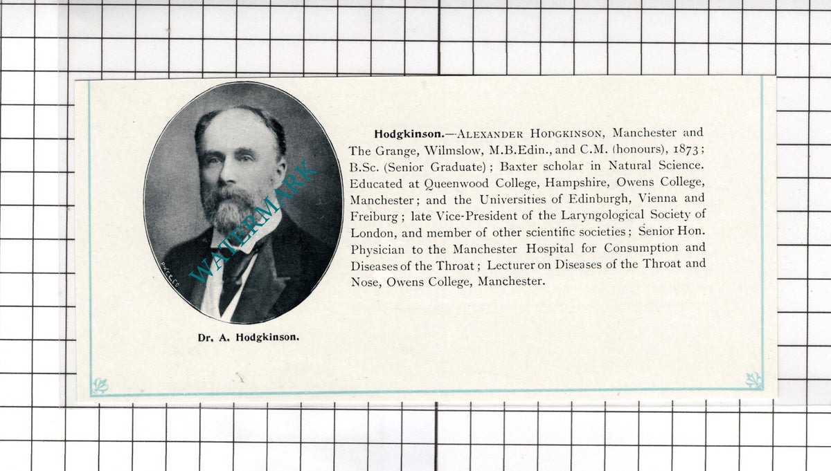 Dr Alexander Hodgkinson The Grange Wilmslow  and  Manchester - c.1900 Cutting