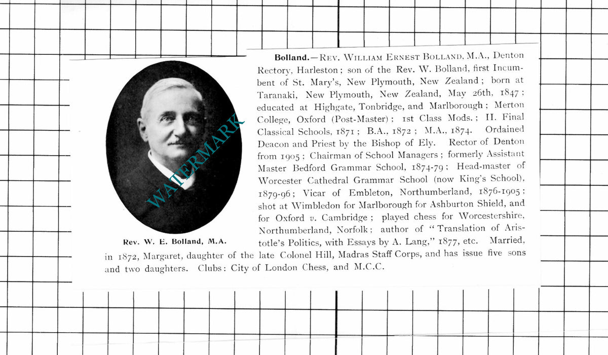 Rev William Ernest Bolland Denton Rectory Harleston Norfolk   - 1911 Clipping