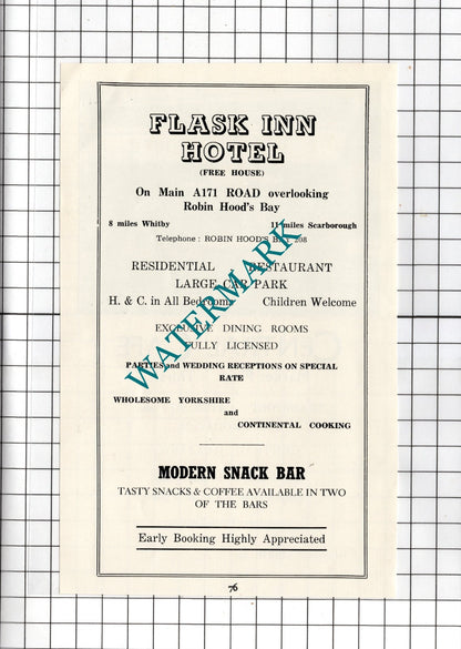Central Cafe Thirsk Yorkshire D Hodgson / Flask Inn Hotel - c.1960s Advert