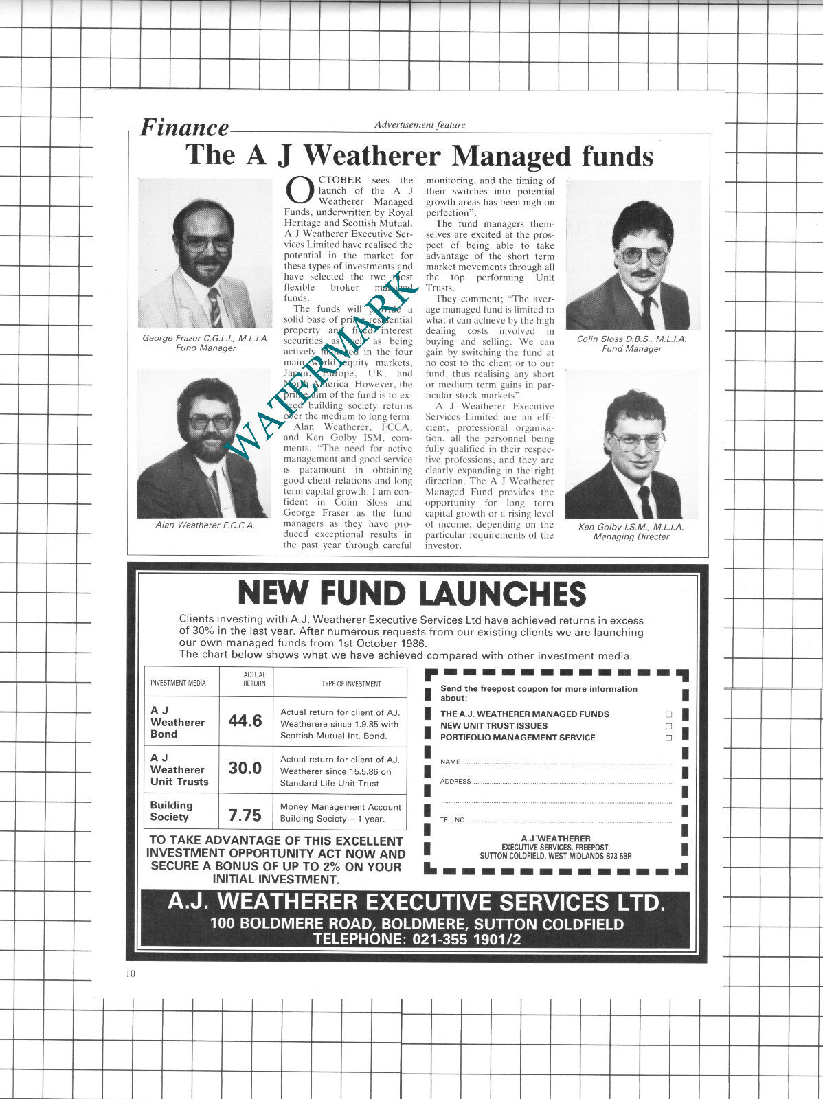 A J Weatherer Executive Services Ltd Sutton Coldfield Golby Sloss 1986 Clipping