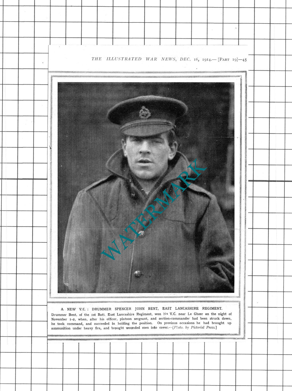 Drummer Spencer John Bent East Lancashire Regiment WW1  - 1914 Clipping / Print