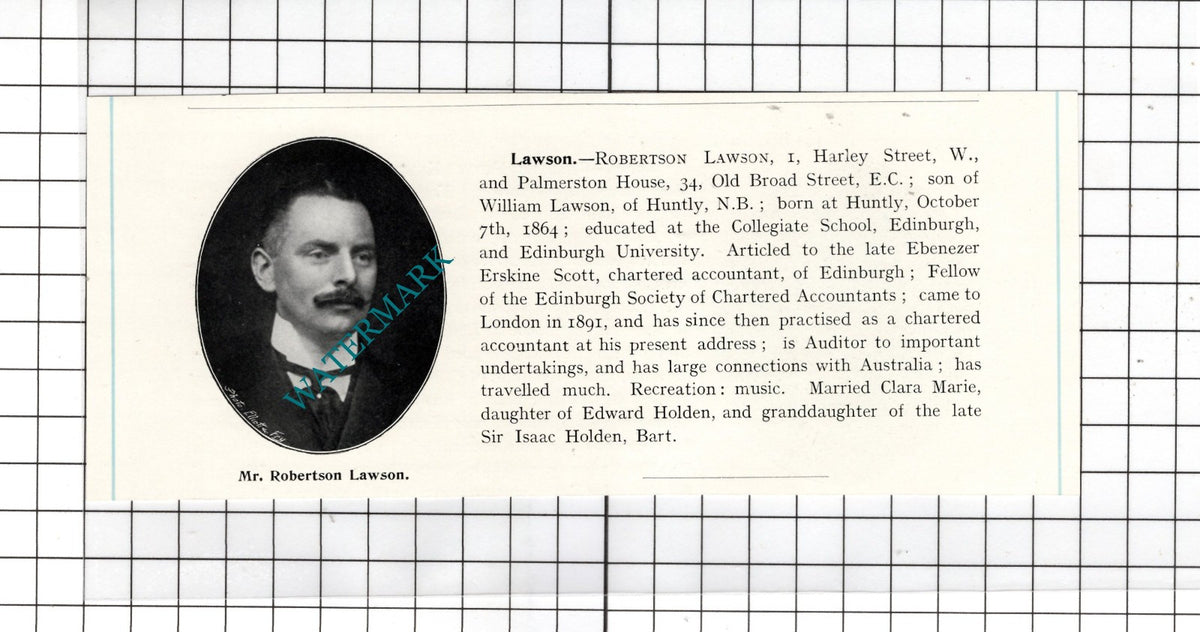 Mr Robertson Lawson Palmerston House Old Broad Street London  - c.1905 Clipping