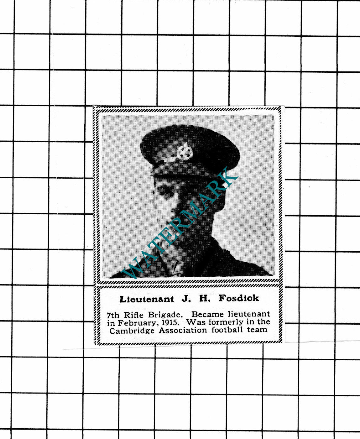 Lt J H Fosdick  7th Rifle Brigade WW1 - c.1918 SMALL Clipping