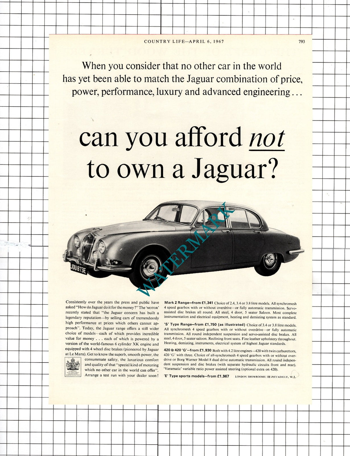 Jaguar Car  Advert - 1967