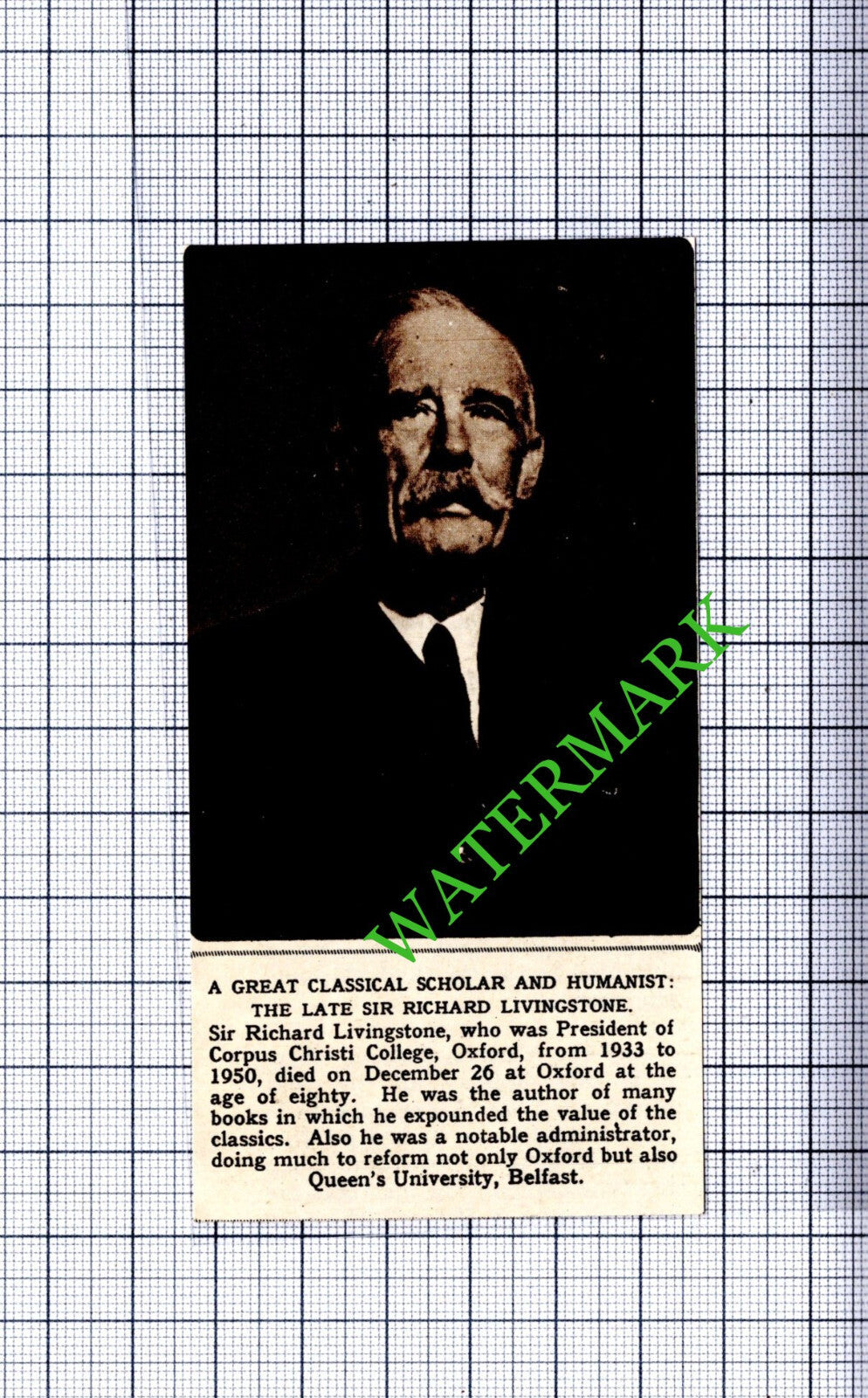 Sir Richard Livingstone Corpus Christi Oxford Obituary - 1961  Small Cutting