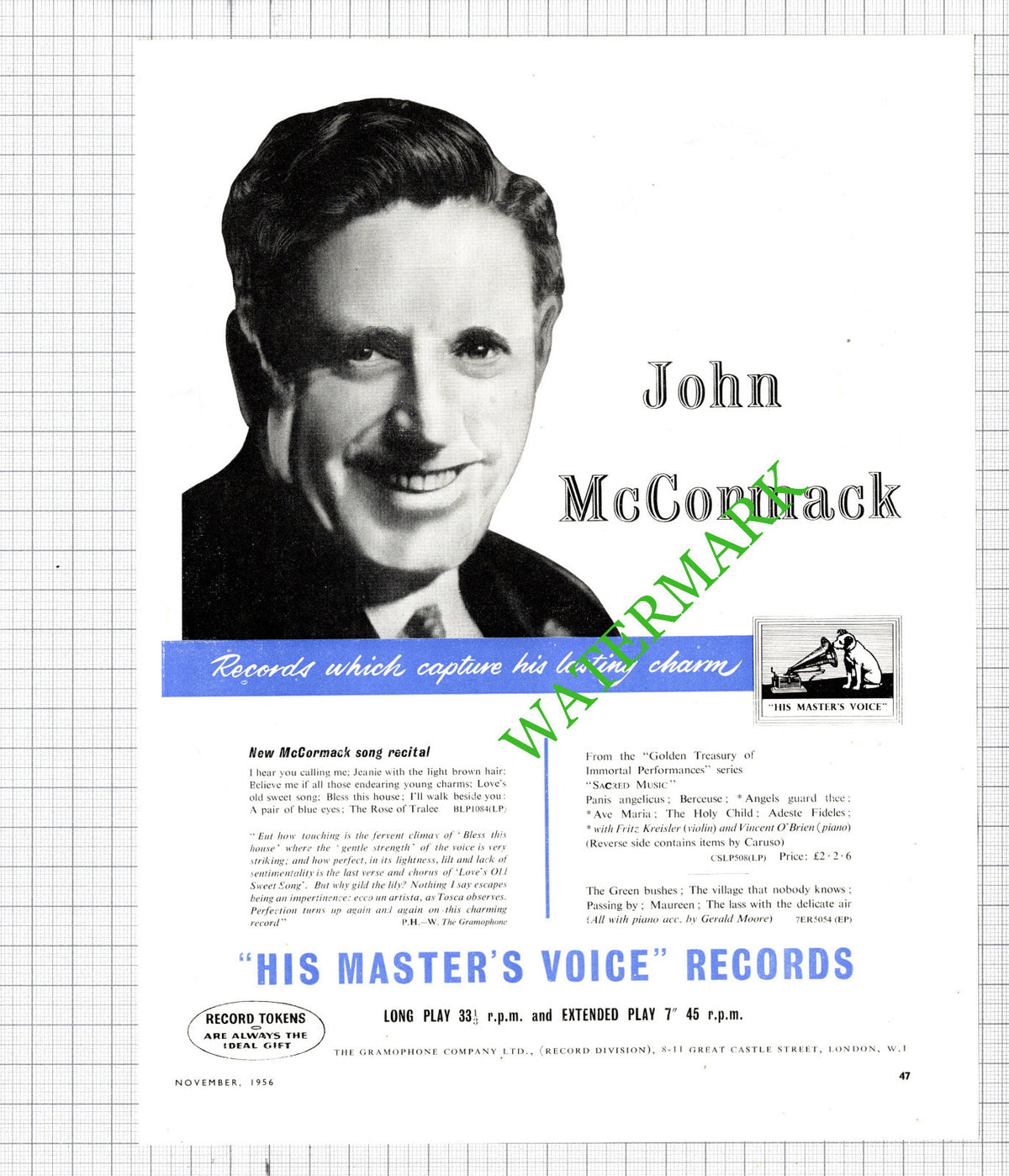 John McCormack His Master's Voice Records Advert - 1956 Cutting