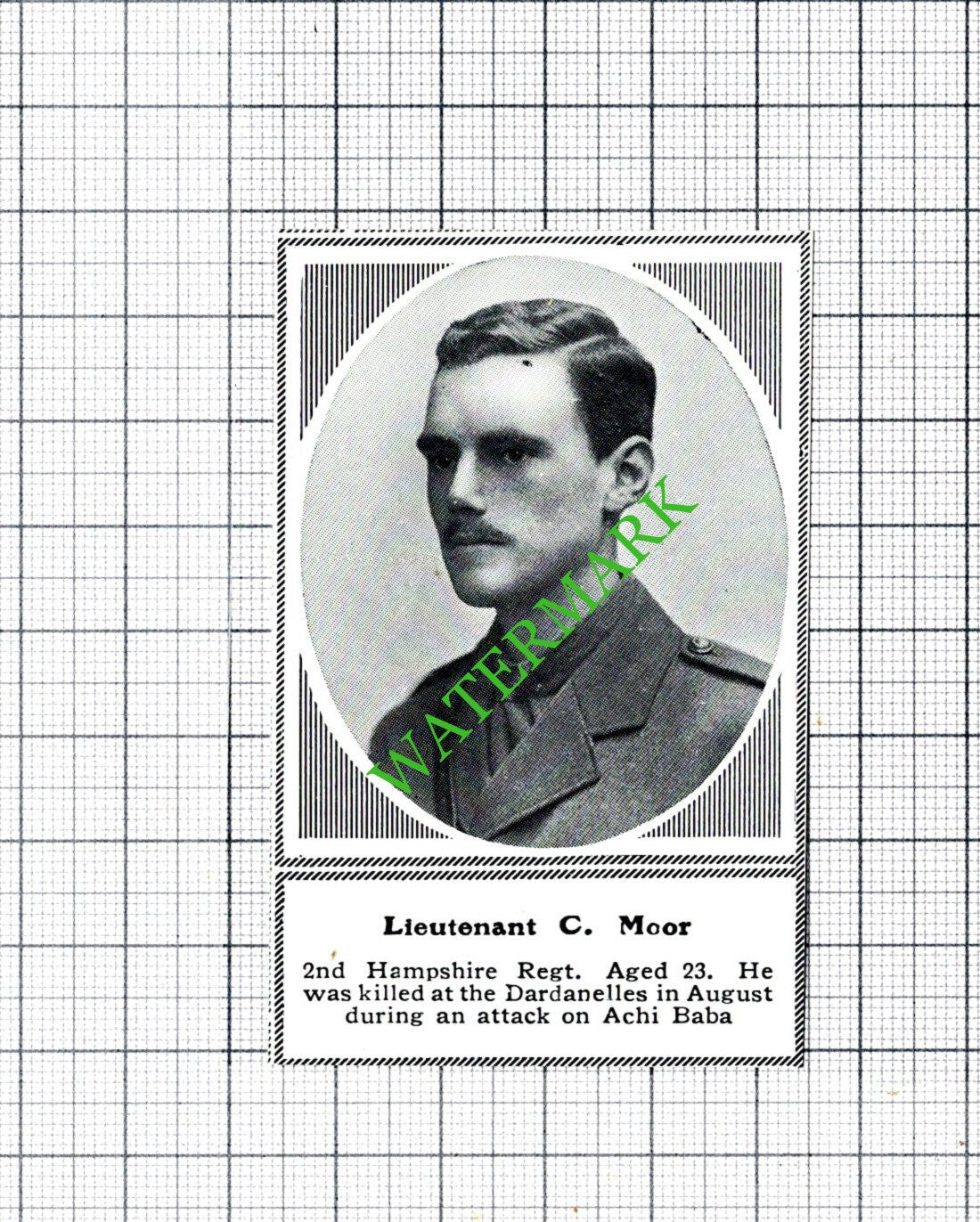 Lt C Moor 2nd Hampshire Regt Dardanelles World War One WW1- c.1918 SMALL Cutting