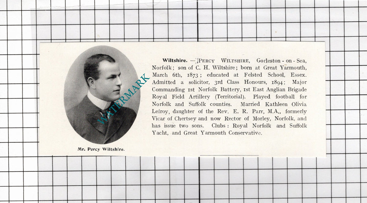 Percy Wiltshire Gorleston Norfolk / Walter Williams Great Yarmouth 1911 Clipping