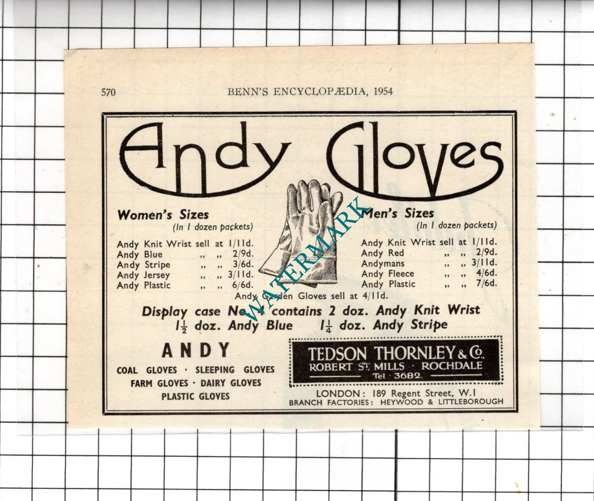 Tedson Thornley & Co Robert St Mills Rochdale Andy Gloves   - 1954 Small Advert