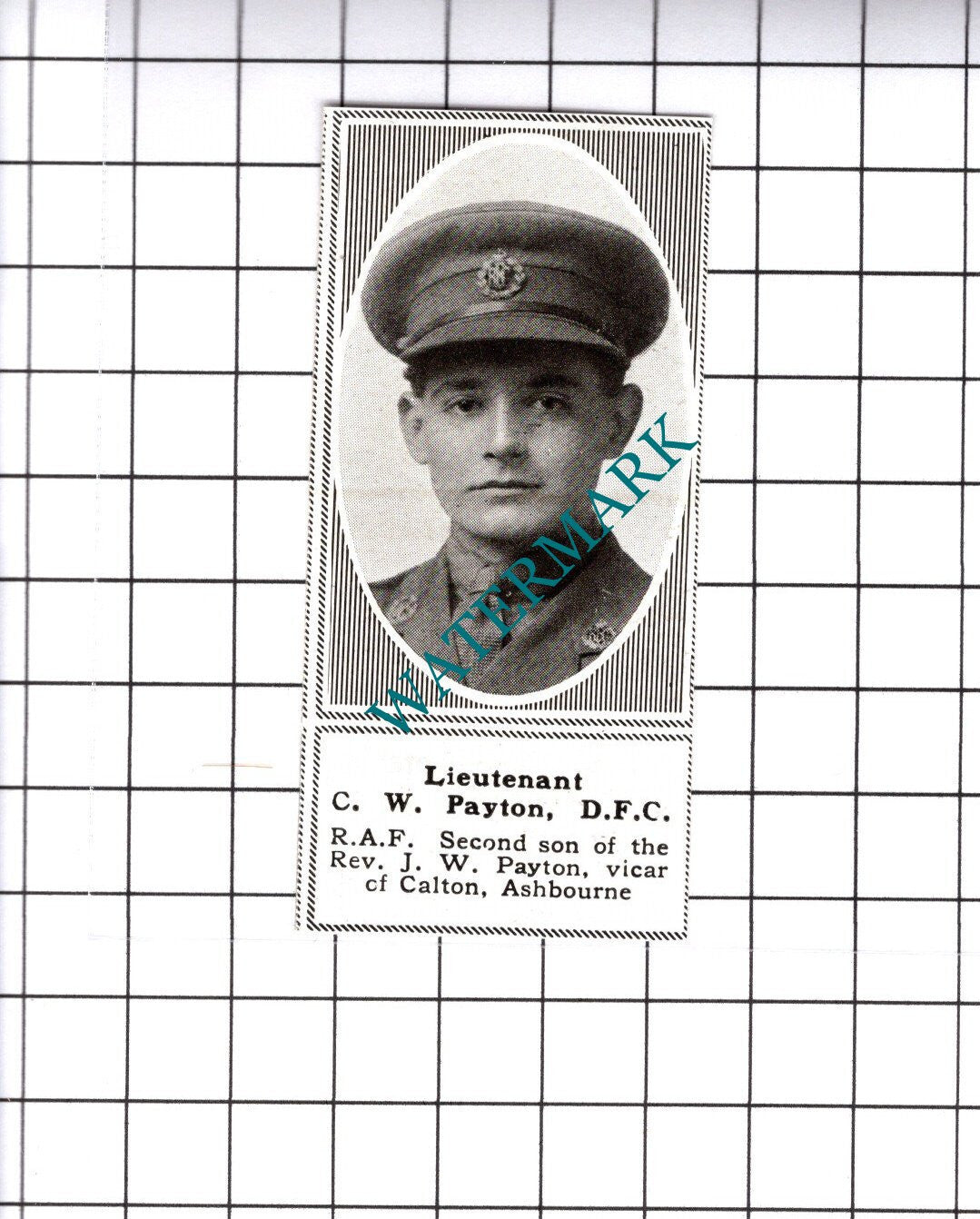 Lt C W Payton RAF Calton Ashbourne Great War WW1 - 1919 SMALL Cutting