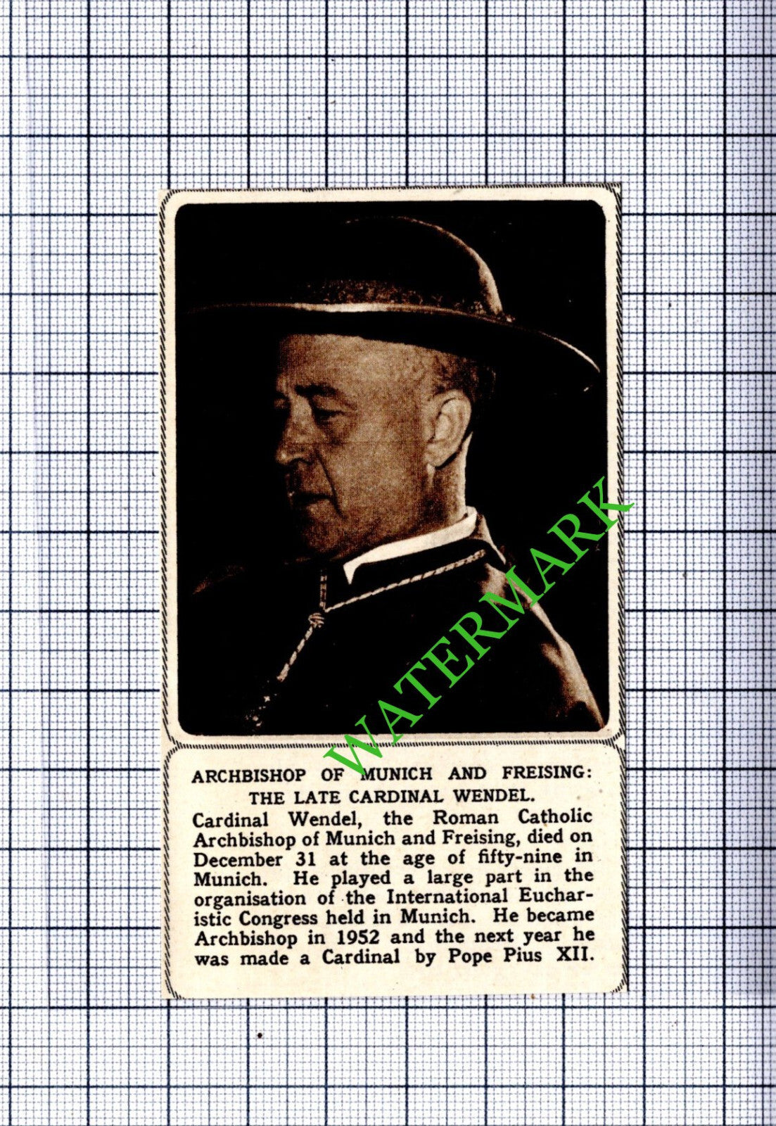 Cardinal Wendel Obituary - 1961  Small Cutting