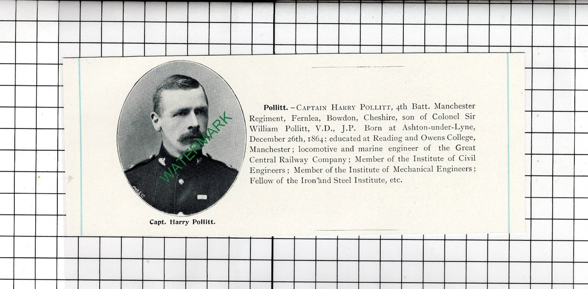 Captain Harry Pollitt 4th Batt Manchester Regt Fernlea Bowdon - c.1905 Clipping