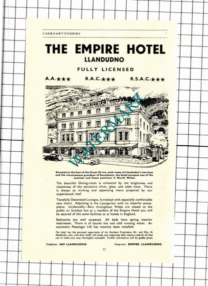 Concord Hotel Llandudno Dan Dawson / Empire Hotel Advert - 1953 Clipping