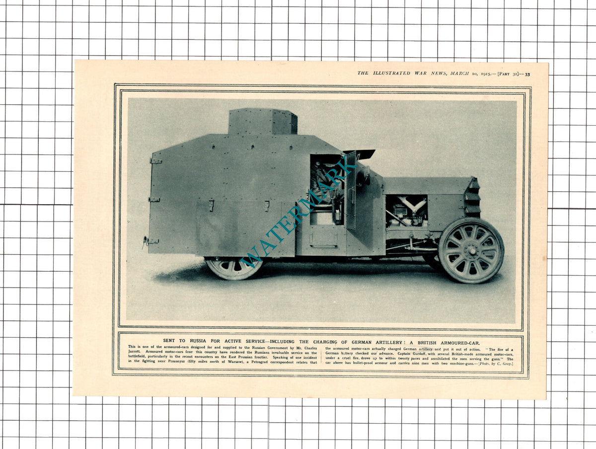 British Armoured Car WW1 Charles Jarrott / GAULOIS Ship - 1915 Clipping / Print