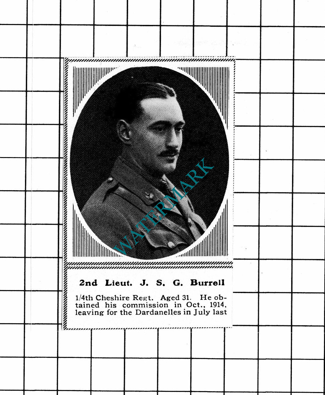 2nd Lt JSG Burrell 1/4th Cheshire Regt WW1  - c.1918 SMALL Clipping / Print