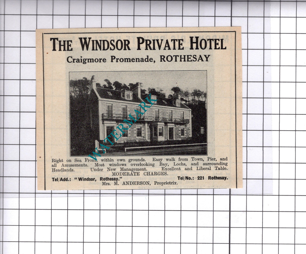The Windsor Hotel Craigmore Rothesay Anderson Small Advert - 1939 Cutting/ Print