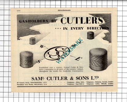 The Midland Ironworks Newark  / Samuel Cutler & Sons Ltd Gasholders  1951 Advert