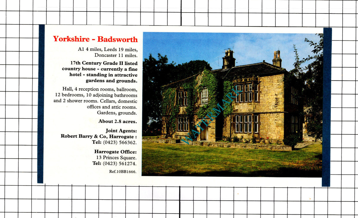 Badsworth Yorkshire  House Sale Advert - 1991 Clipping / Print