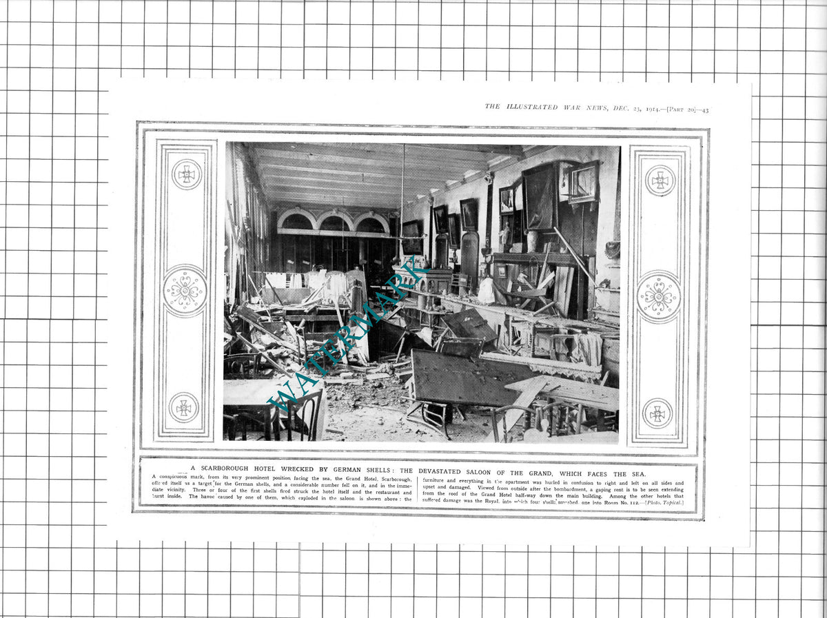 Grand Hotel Scarborough German Bombing WW1  -  1914 Clipping / Print
