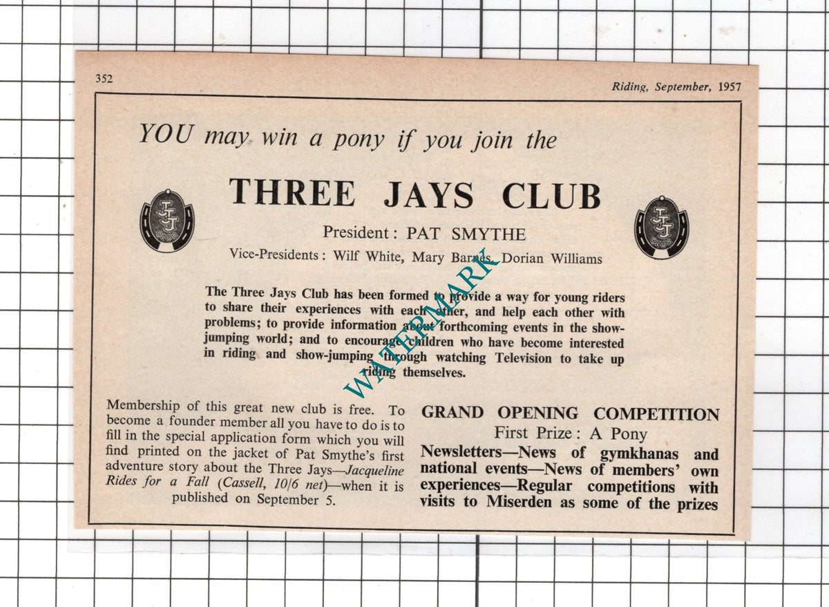 Three Jays Club Pat Smythe  / The Scotch House Knightsbridge London- 1957 Advert