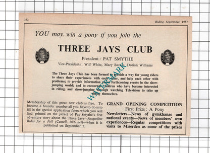 Three Jays Club Pat Smythe  / The Scotch House Knightsbridge London- 1957 Advert