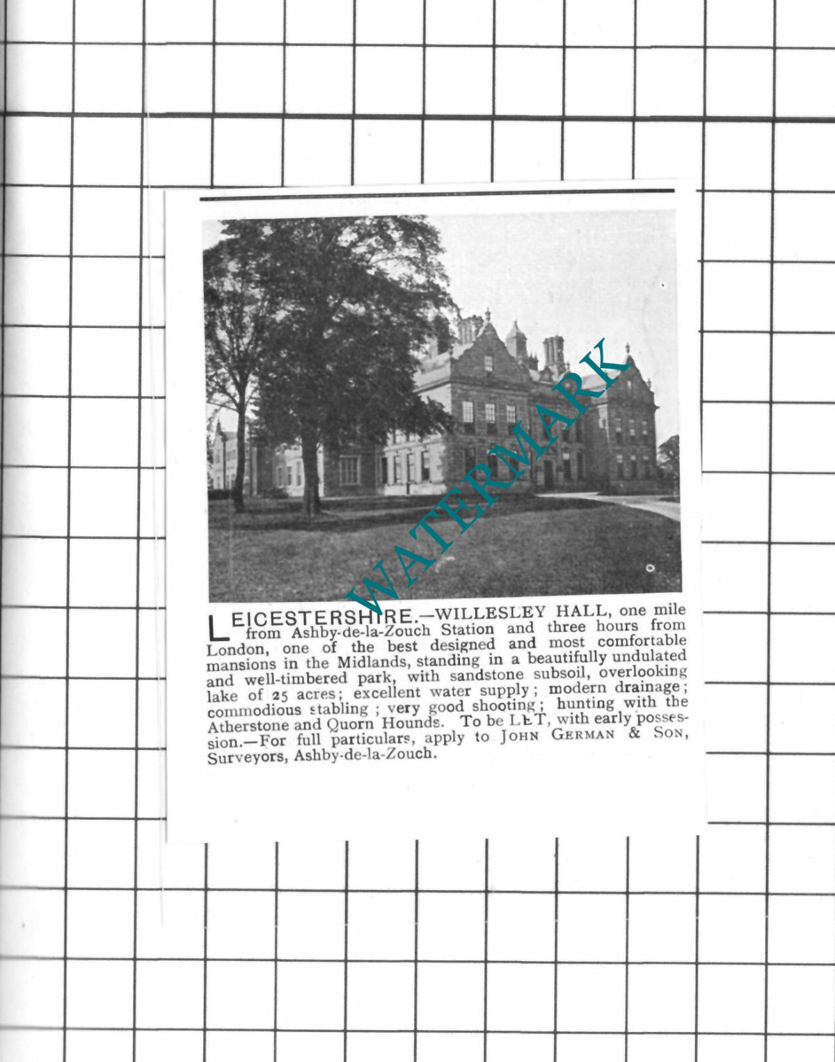 Willesley Hall Ashby de la Zouch Leicestershire Sale Advert 1903 SMALL Clipping