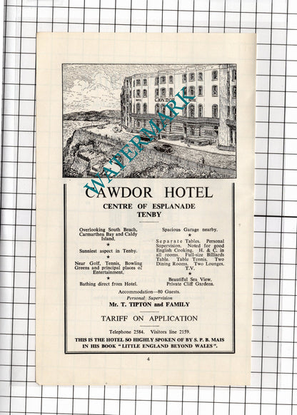 White Hart Hotel Tenby  Millard / Cawdor Hotel Tenby Wales Tipton - 1962 ADVERT