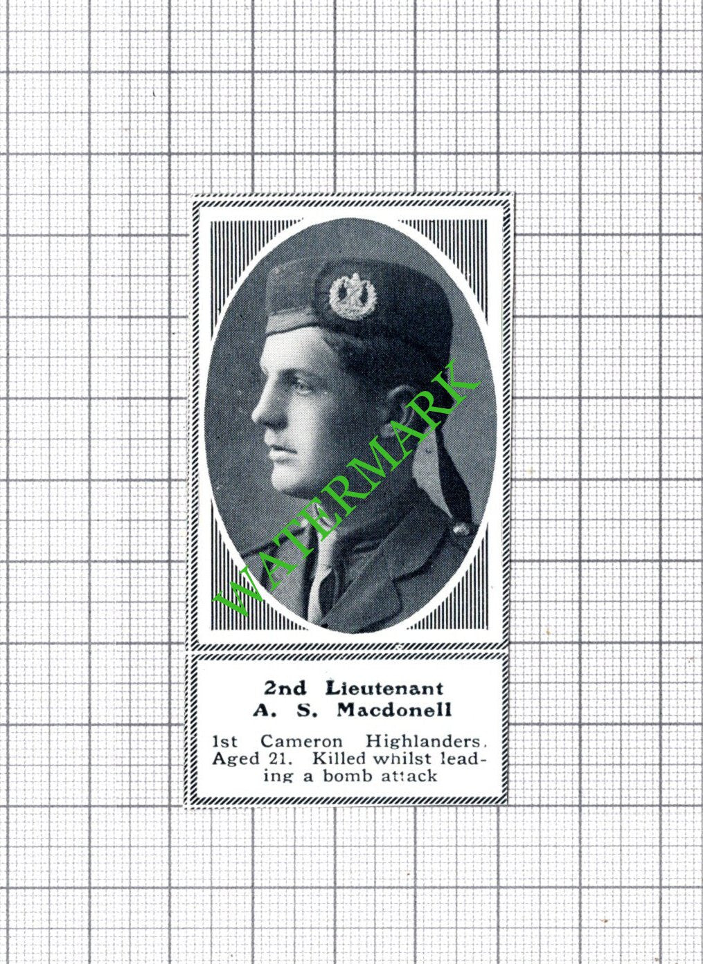2nd Lt A S Macdonell 1st Cameron Highlanders WW1 - c.1918 SMALL Cutting