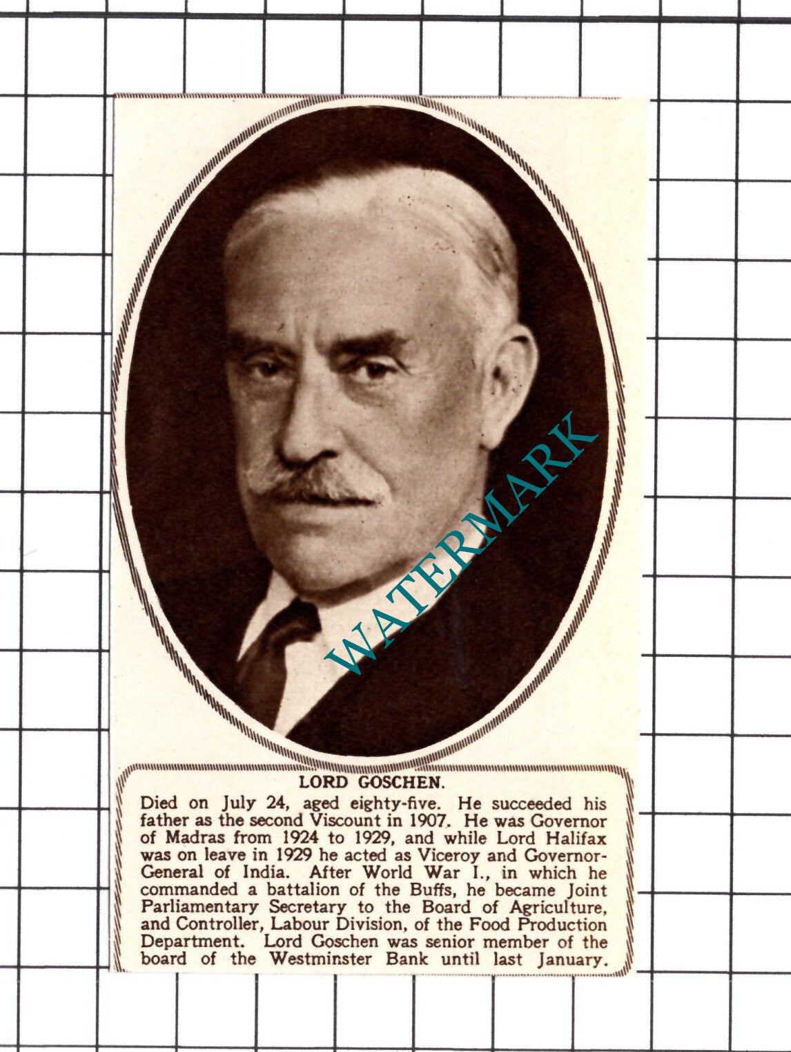 Lord Goschen Obituary  - 1952 Small Cutting