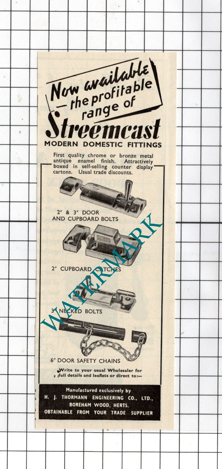 H J Thormann Engineering Co Ltd Boreham Wood Herts Streemcast  1954 Small Advert
