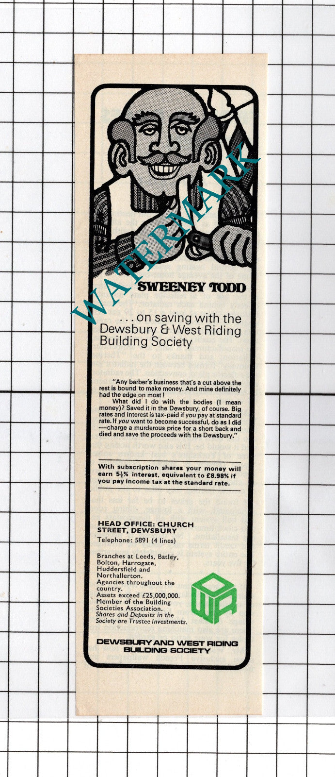 Dewsbury and West Riding Building Society Sweeney Todd Advert  - 1972 Cutting