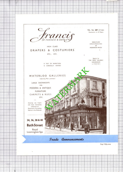 E Francis & Sons Leamington Spa / Midland Red Bus Advert -  1930s Cutting