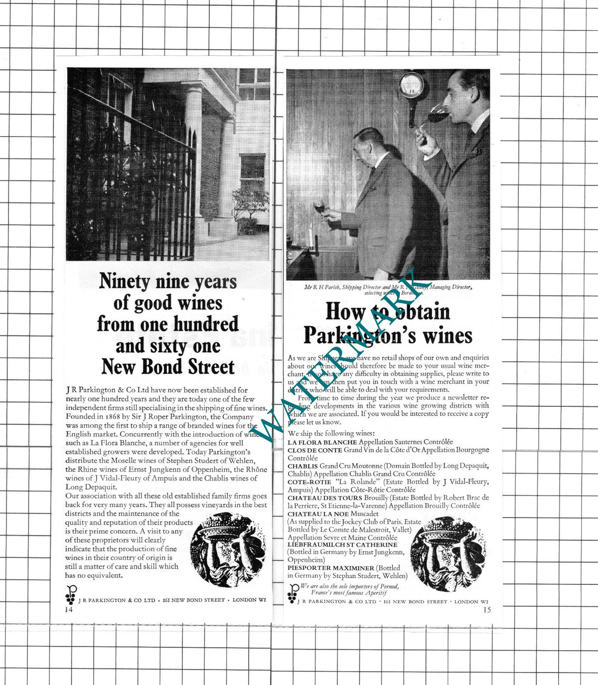Parkington's Wines J R Parkington & Co Ltd Parish Gilbey 1967 Two-Part Clipping