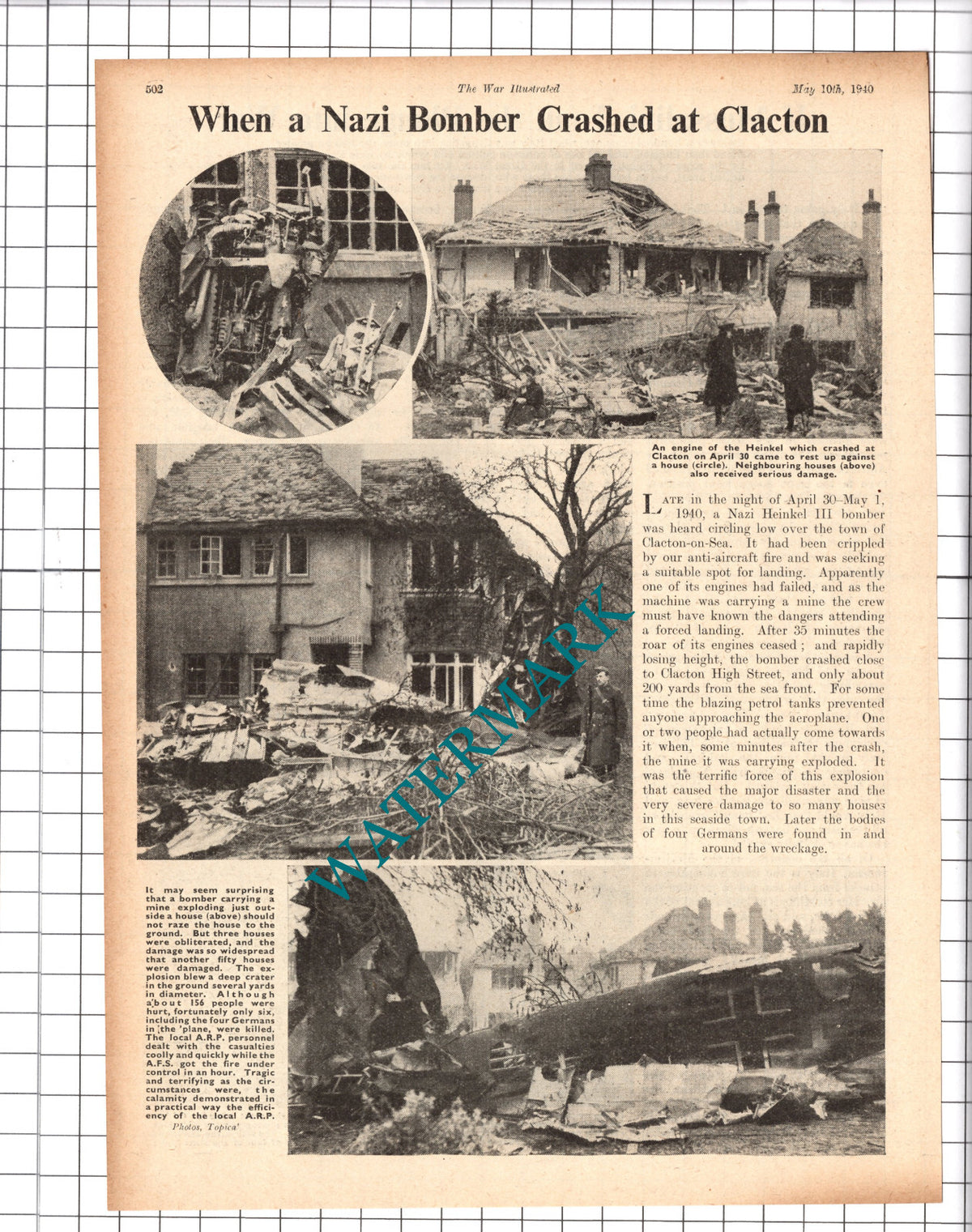Clacton On Sea Essex German Bomber Plane Crash WW2 - 1940 Clipping / Print