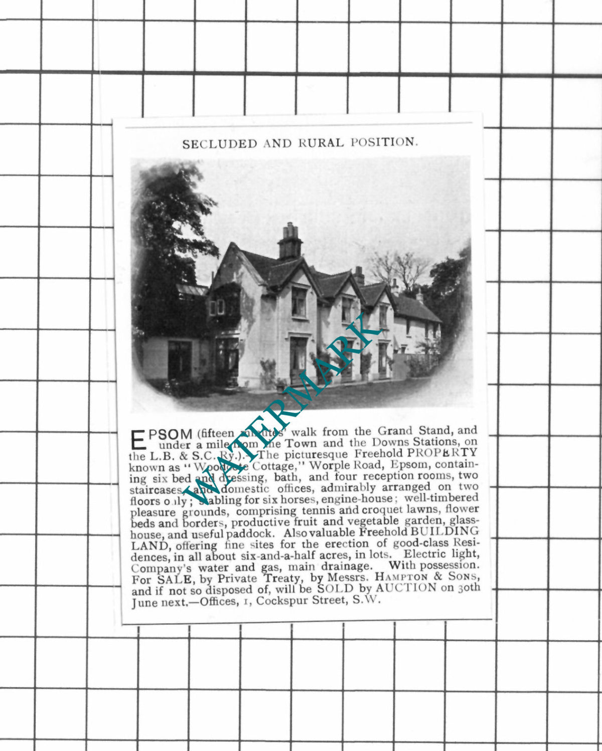 Woodcote Cottage Worple Road Epsom Surrey  Sale Advert  - 1903 SMALL Clipping