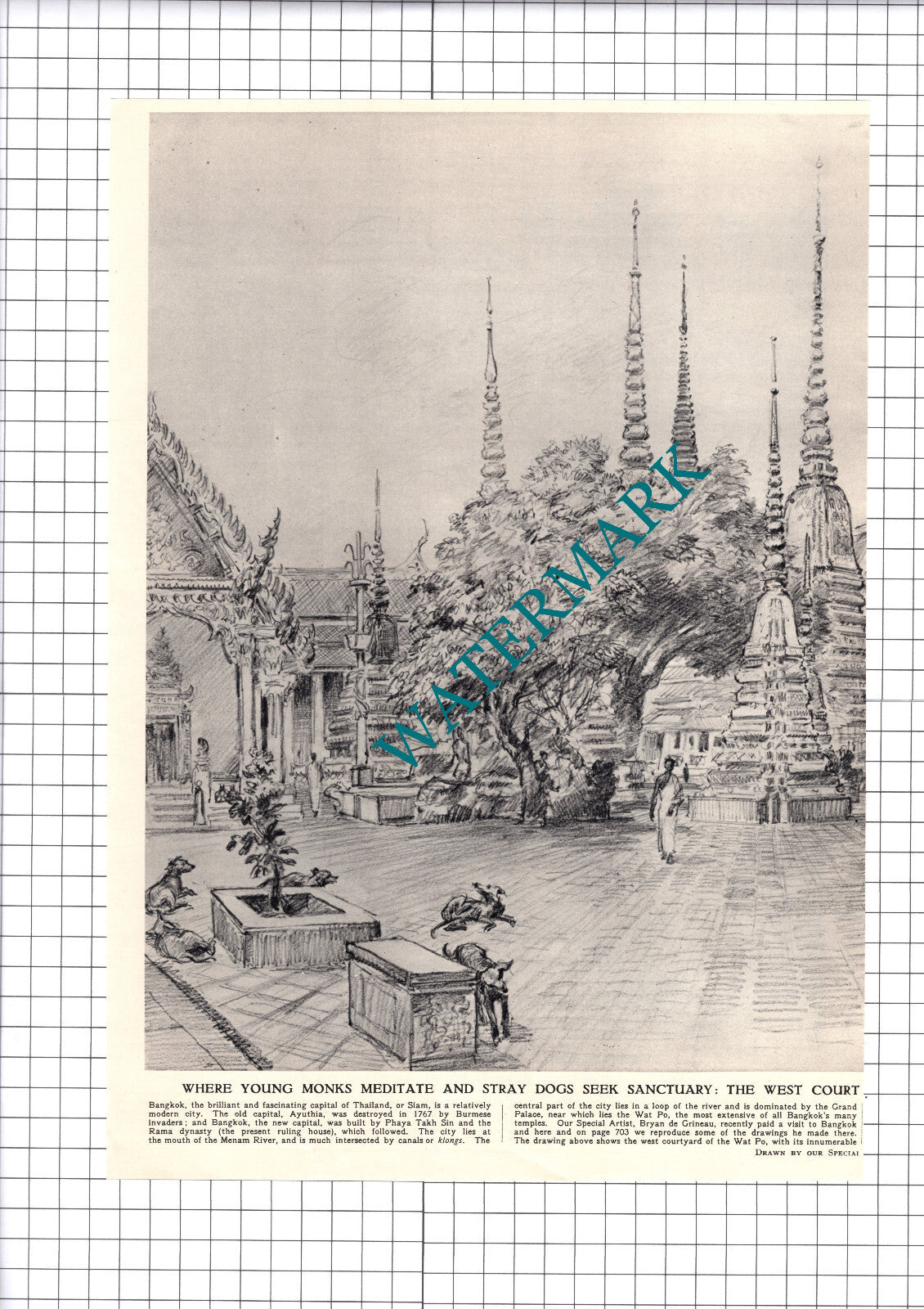 Bangkok West Court Of The Wat Po Temple - 1952 Two-Part Clipping