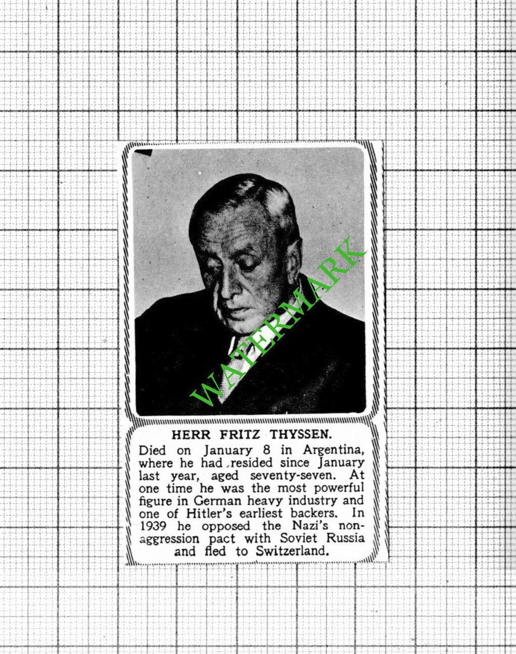 Herr Fritz Thyssen Obituary - 1951 SMALL Cutting