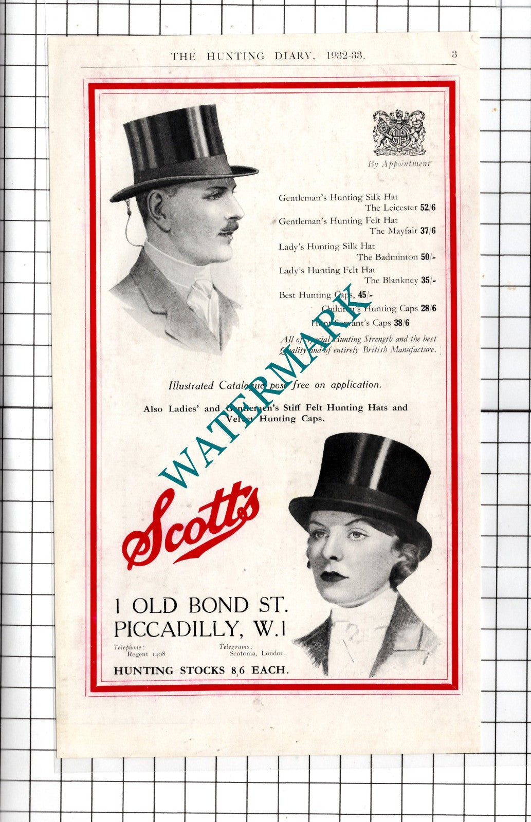 Scotts 1 Old Bond Street Piccadilly London Hats Hunting - 1932 Advert